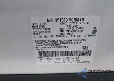 2015 Ford Explorer Xlt from USA, damaged, VIN 1FM5K8D80FGC52762
